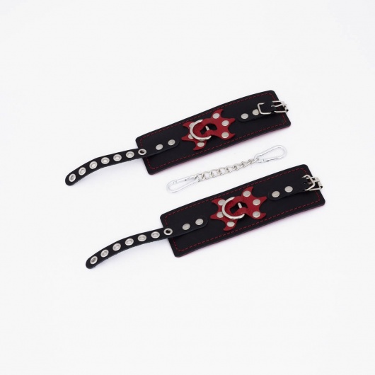 Черные кожаные наручники с красным декором и строчкой - Crazy Handmade - купить с доставкой в Бердске