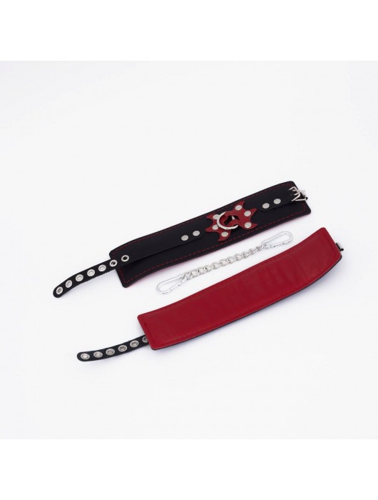 Черные кожаные оковы с красным декором и строчкой - Crazy Handmade - купить с доставкой в Бердске