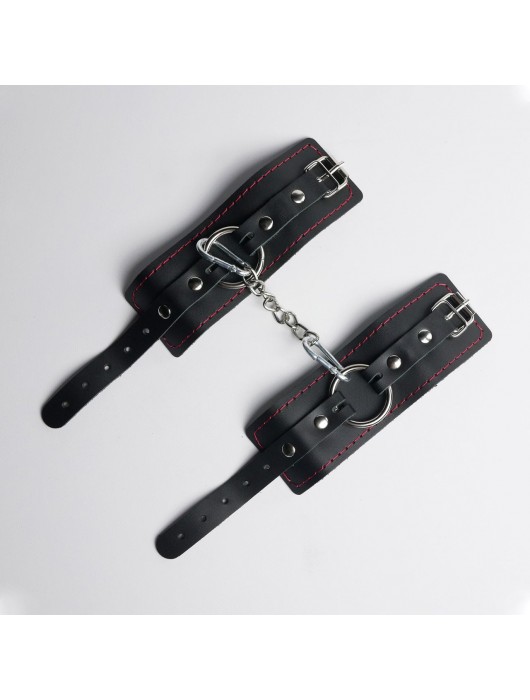 Черные кожаные наручники с красной строчкой - Crazy Handmade - купить с доставкой в Бердске
