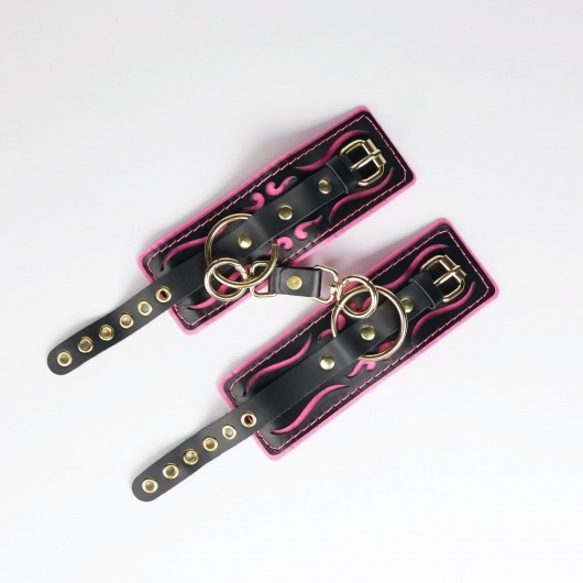 Черные кожаные наручники с розовой строчкой - Crazy Handmade - купить с доставкой в Бердске