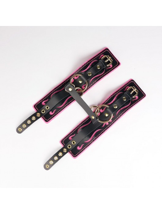 Черные кожаные оковы с розовой строчкой - Crazy Handmade - купить с доставкой в Бердске