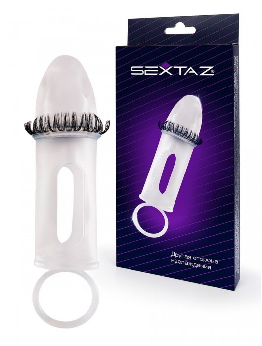 Закрытая насадка на пенис с подхватом мошонки и стимулирующими «ресничками» - Sextaz - в Бердске купить с доставкой