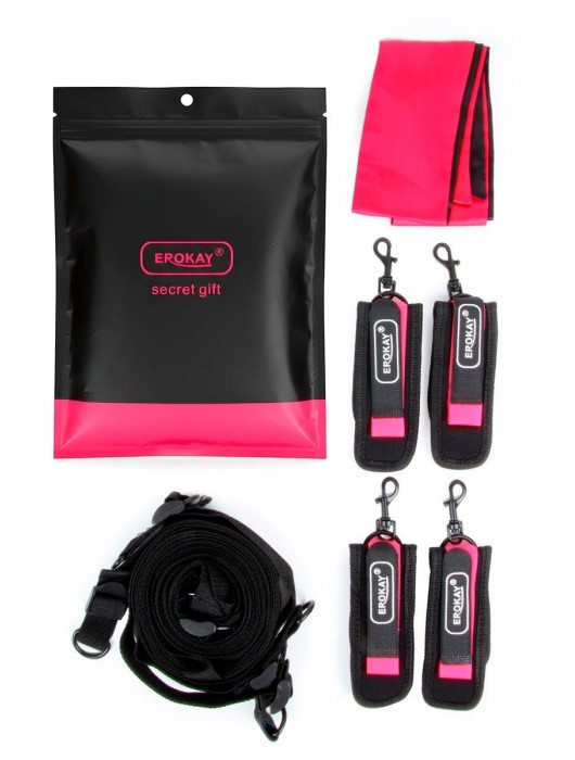Черно-розовый эротический набор: фиксатор, оковы, наручники, повязка - Erokay - купить с доставкой в Бердске