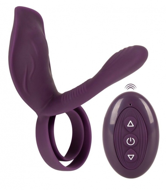 Фиолетовая насадка на член с клиторальным отростком и пультом ДУ RC Couple’s Vibrator 2 - Orion - в Бердске купить с доставкой