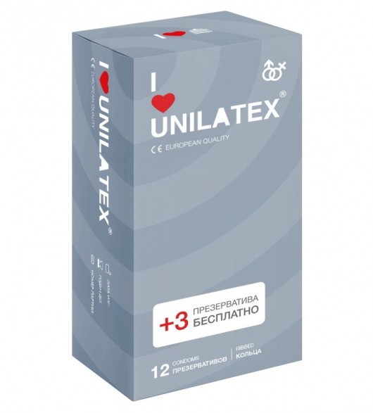 Презервативы с рёбрами Unilatex Ribbed - 12 шт. + 3 шт. в подарок - Unilatex - купить с доставкой в Бердске