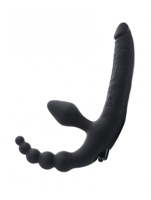 Чёрный безремневой страпон с вибрацией и анальным отростком - ToyFa - купить с доставкой в Бердске
